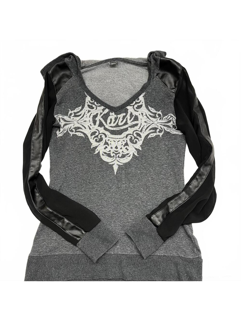 Y2K Karv Hooded Long Sleeve W Gothic Logo + Mesh Sleeves W Faux Leather Panel M